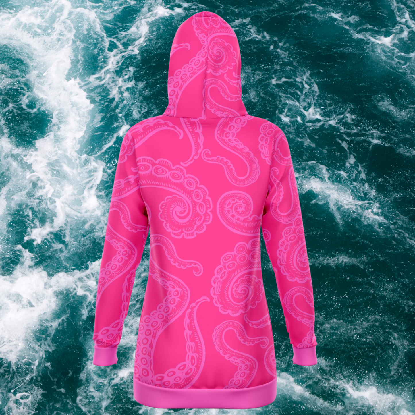 Women's Pink Octopus Tentacles Print Longline Athletic Hoodie