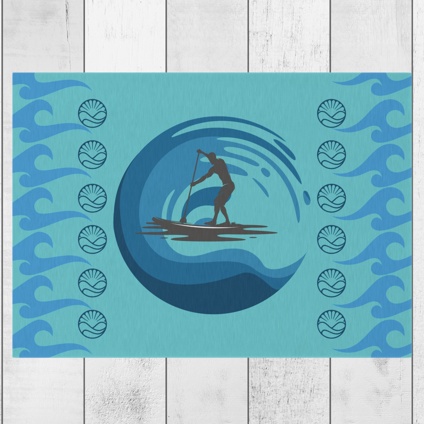 Blue Paddleboarder Racing Across the Waves Water and Mildew Resistant Outdoor Rug