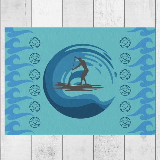 Blue Paddleboarder Racing Across the Waves Water and Mildew Resistant Outdoor Rug