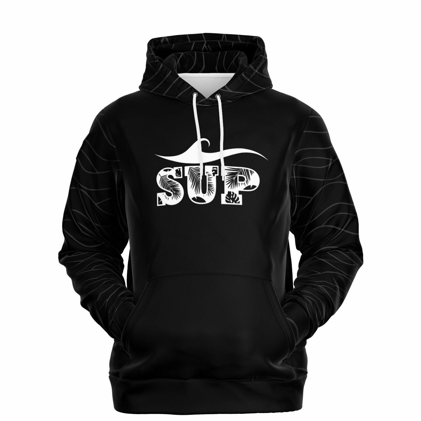 Women's Black SUP Hoodie with Tropical Leaf Lettering & Wave Design Athletic Hoodie