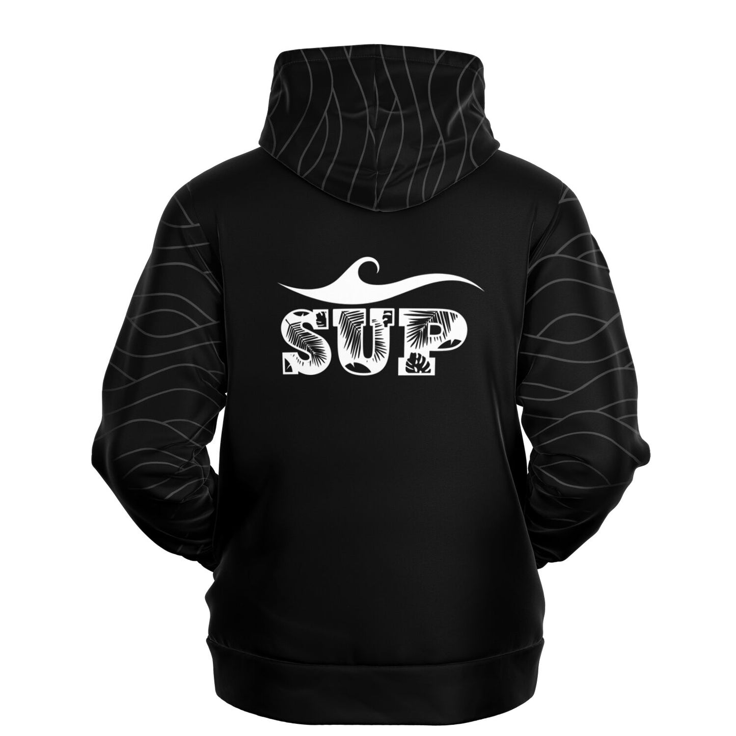 Women's Black SUP Hoodie with Tropical Leaf Lettering & Wave Design Athletic Hoodie