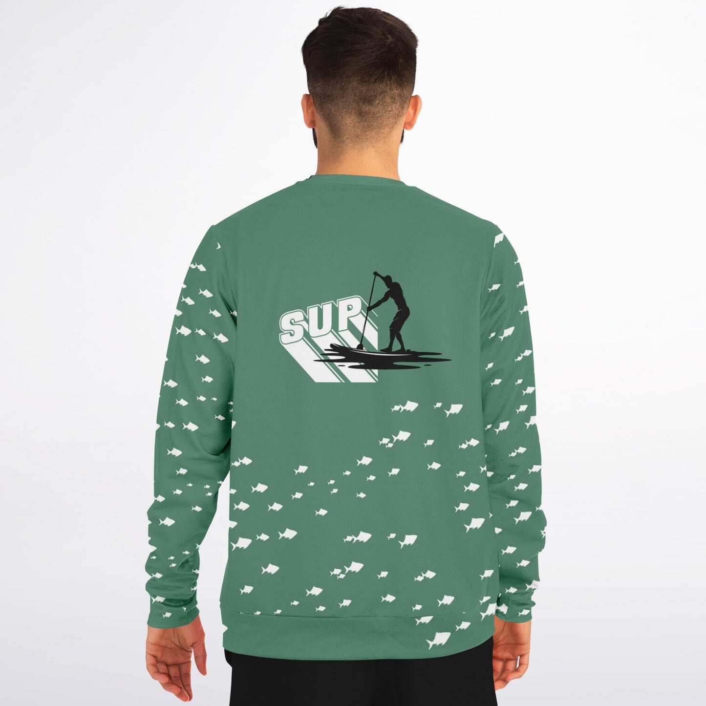 Green Men's Paddleboarding Soft Sweatshirt with Fish and Paddle Design