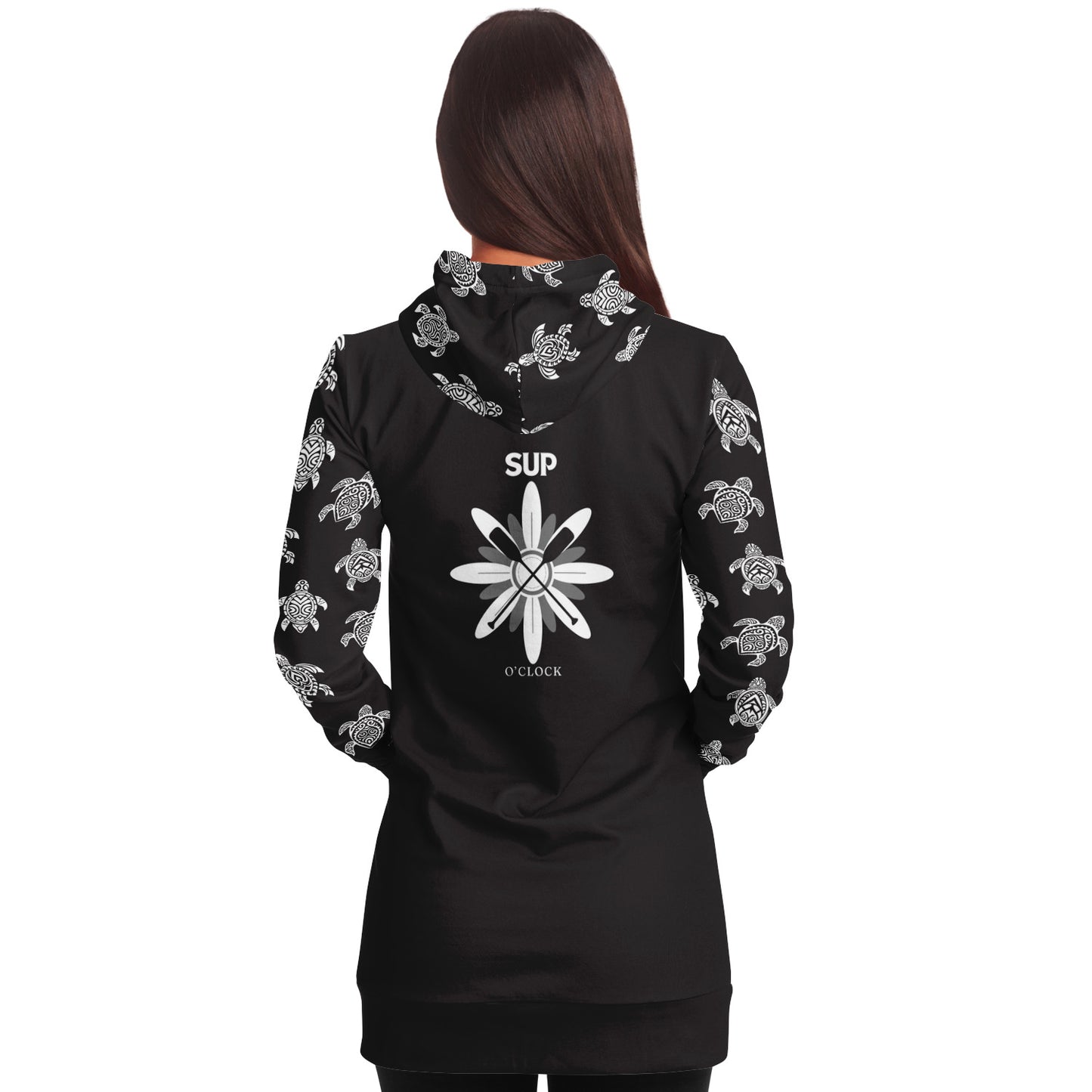 Women's Black SUP O'clock with Turtles Longline Athletic Hoodie
