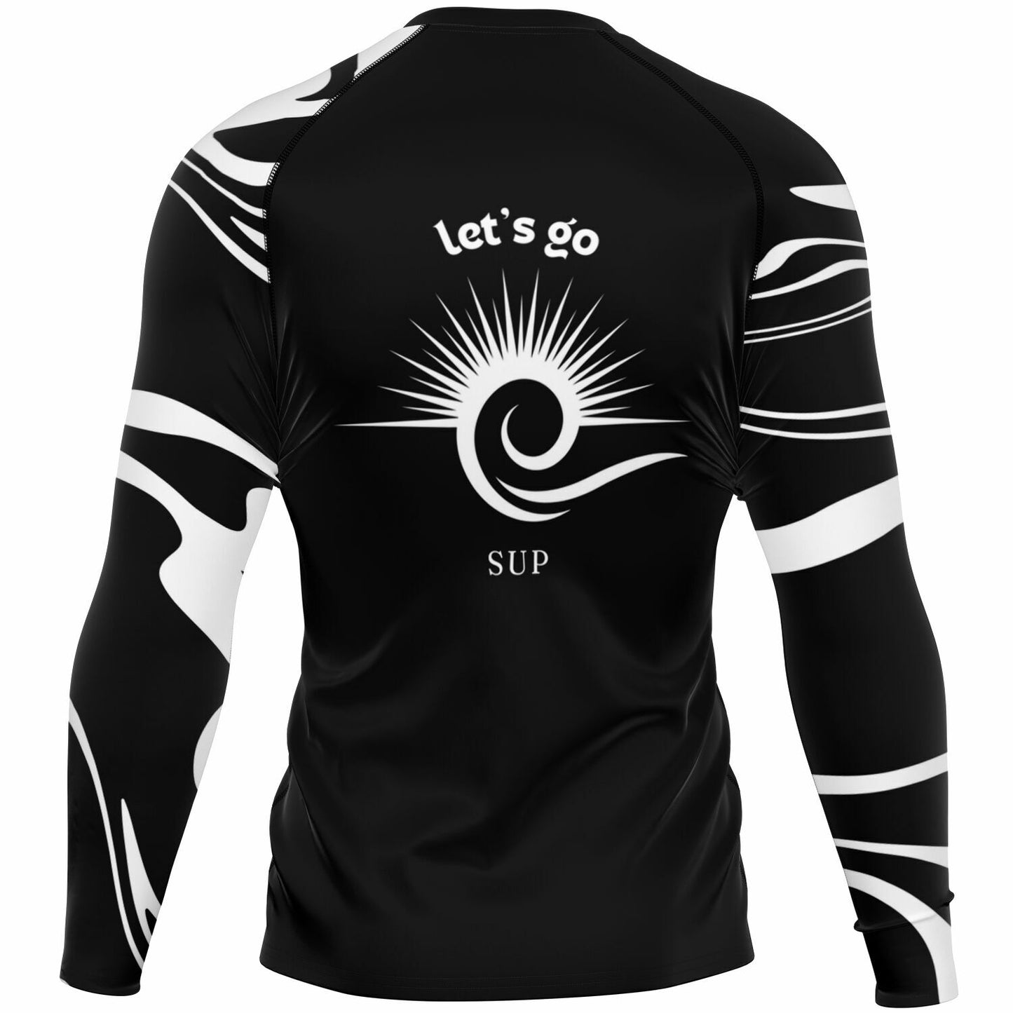 Men's Black and White Stylish Rashguard with Sun and Let's Go Sup Design