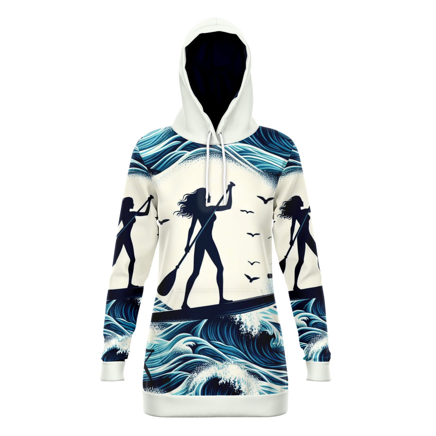 Women's White And Blue Ocean Waves Paddleboarder Longline Athletic Hoodie