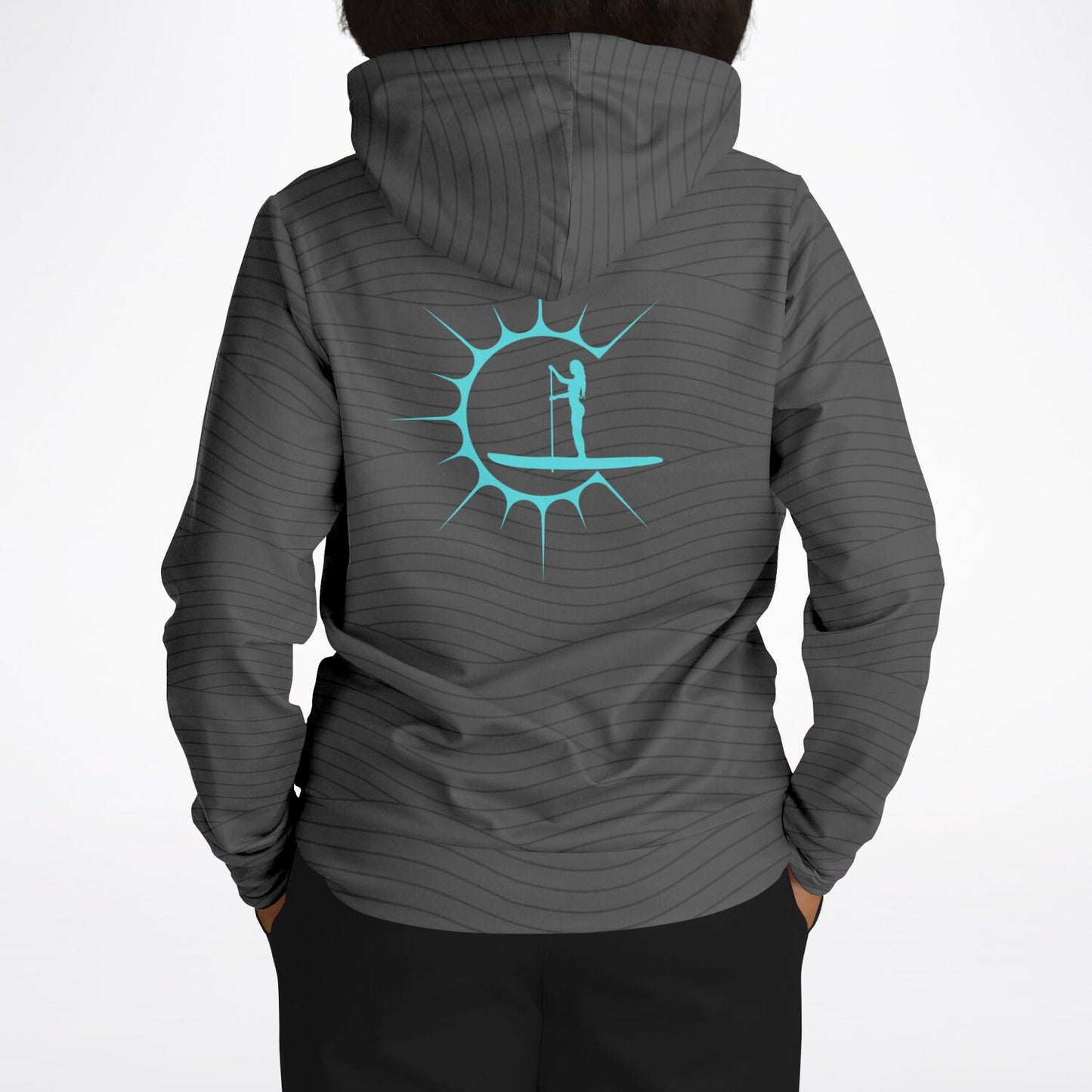Women's Grey Athletic Hoodie with Turquoise Sun and Paddleboarder Design