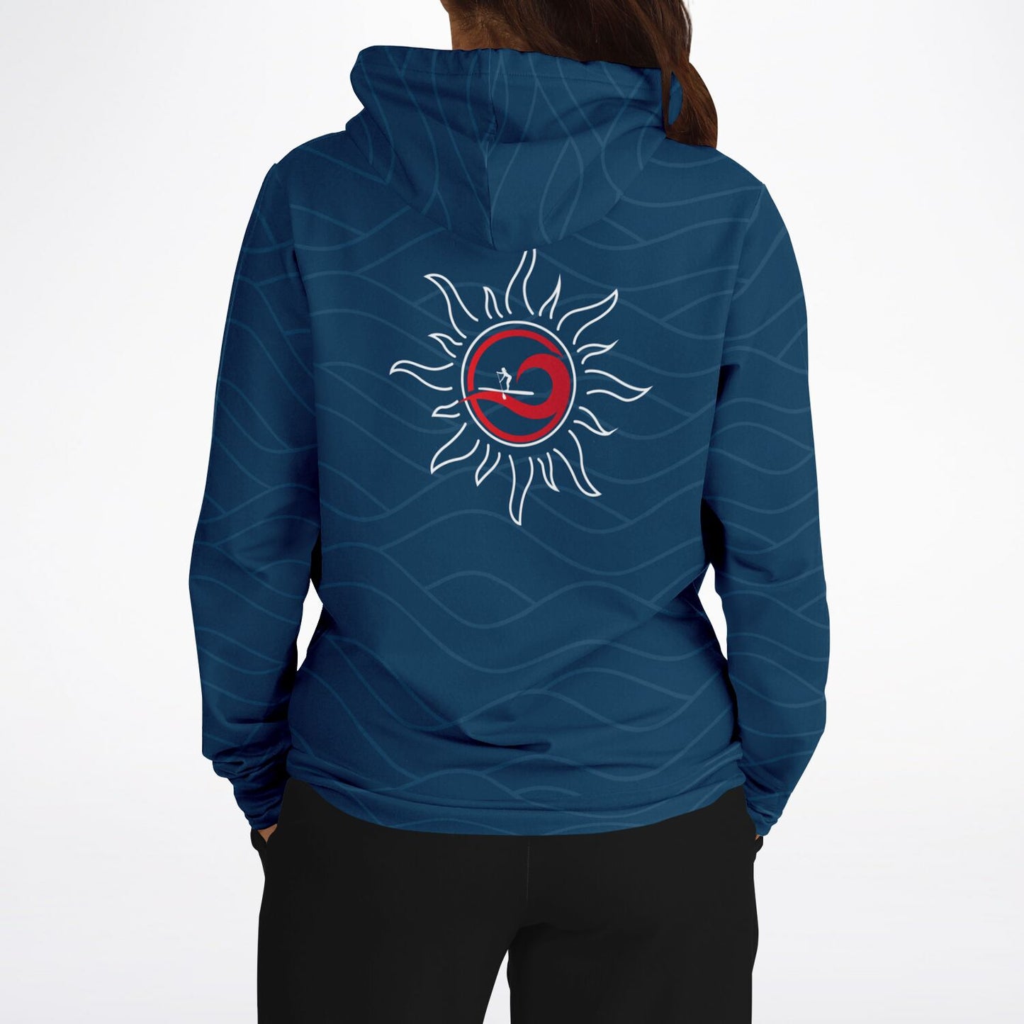 Women's Navy Blue Fashion Hoodie with Red Wave&Sun Design