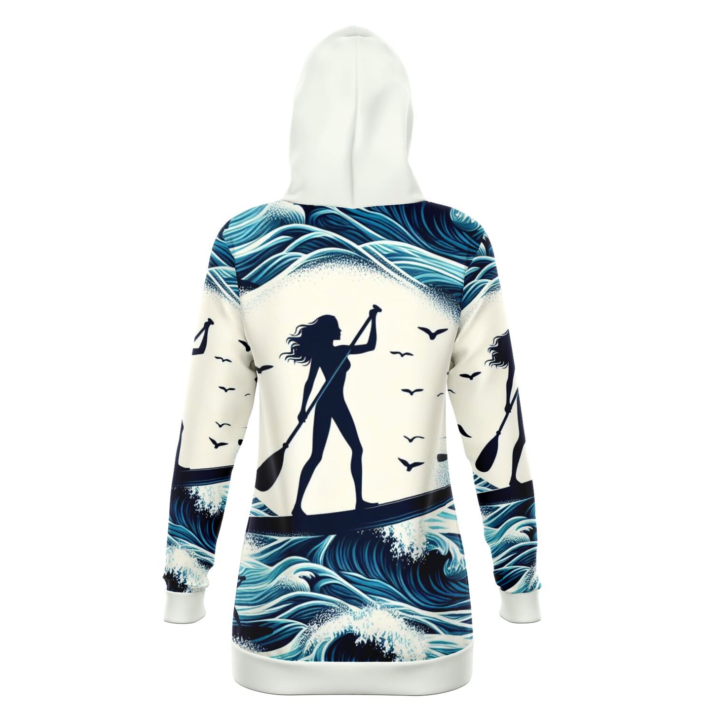 Women's White And Blue Ocean Waves Paddleboarder Longline Athletic Hoodie