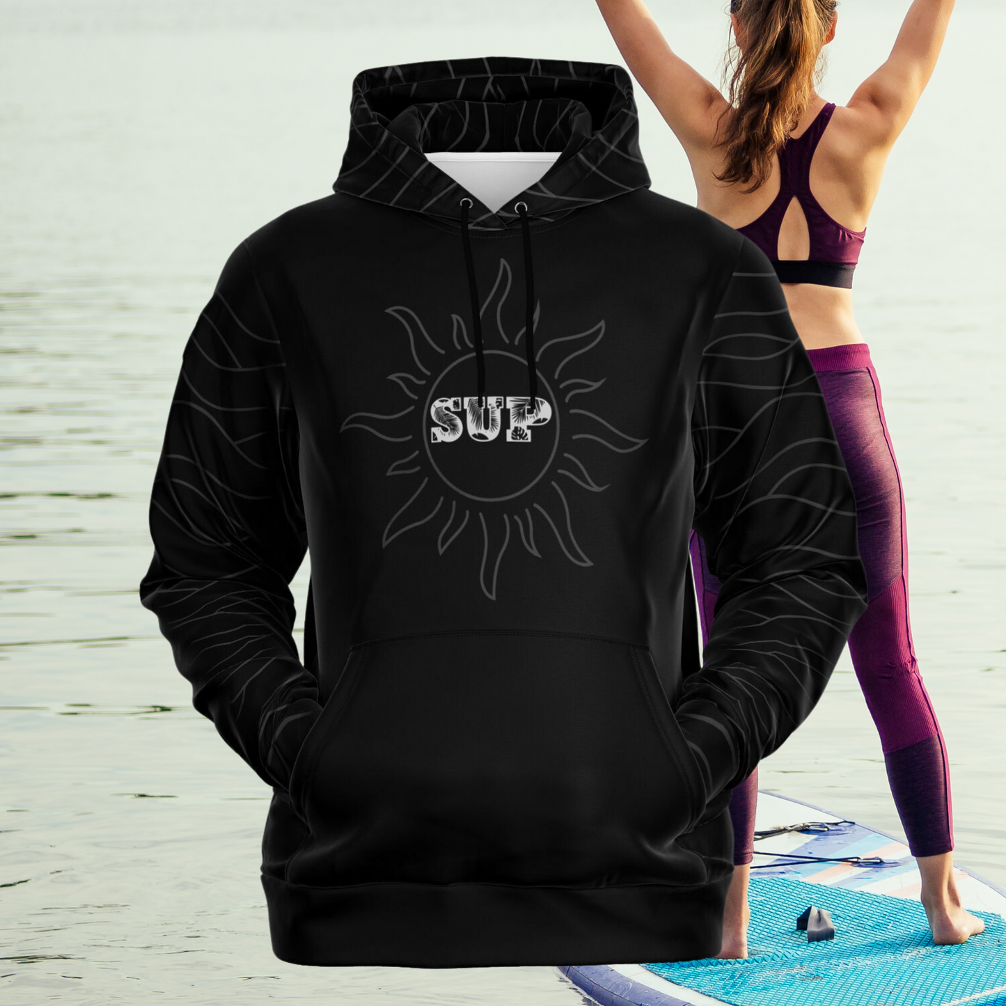 Women's Beach Vibes Black Fashion Hoodie - Waves and Sun Design