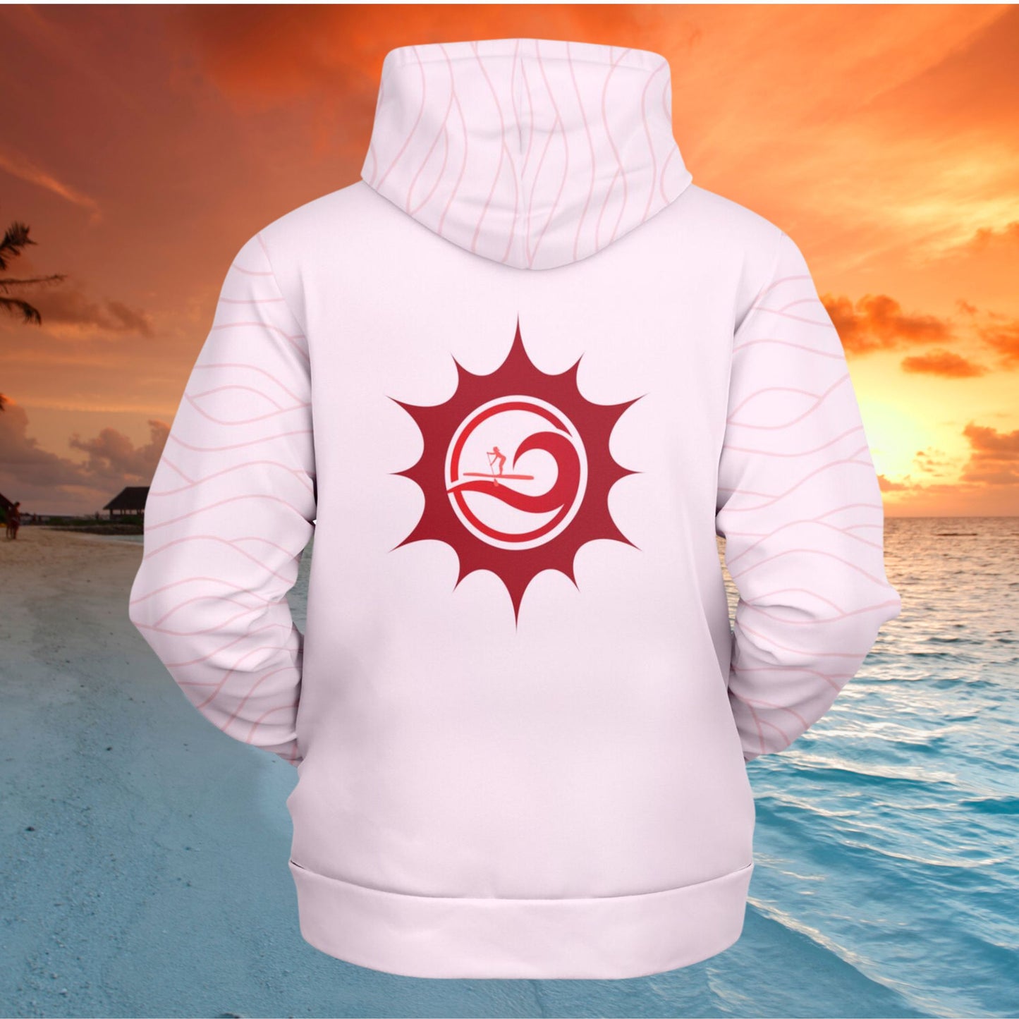 Women's Light Pink Paddleboarding Fashion Hoodie with Elegant Sun & Wave Design