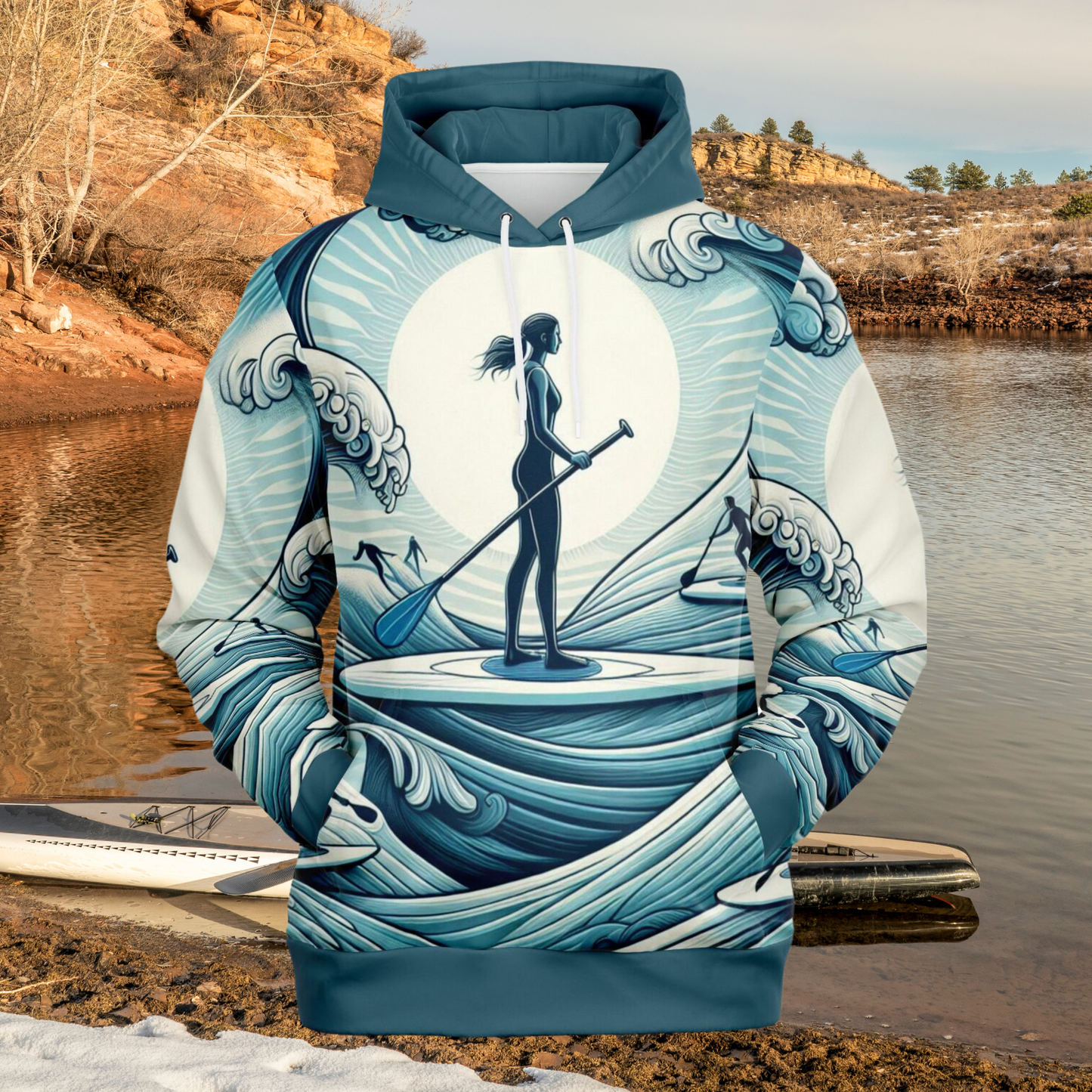 Women's Paddleboarder Athletic Hoodie with Waves Design