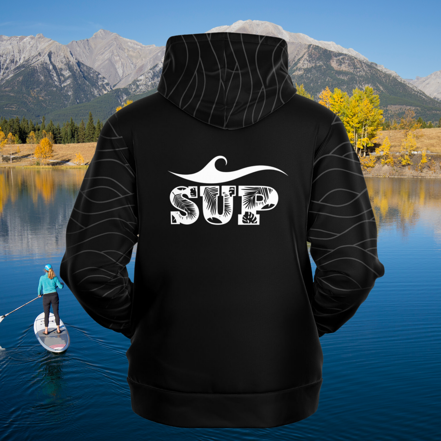 Women's Black SUP Hoodie with Tropical Leaf Lettering & Wave Design Athletic Hoodie
