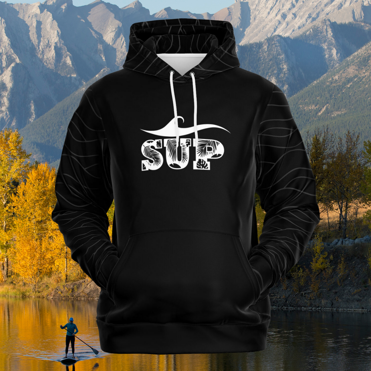 Women's Black SUP Hoodie with Tropical Leaf Lettering & Wave Design Athletic Hoodie