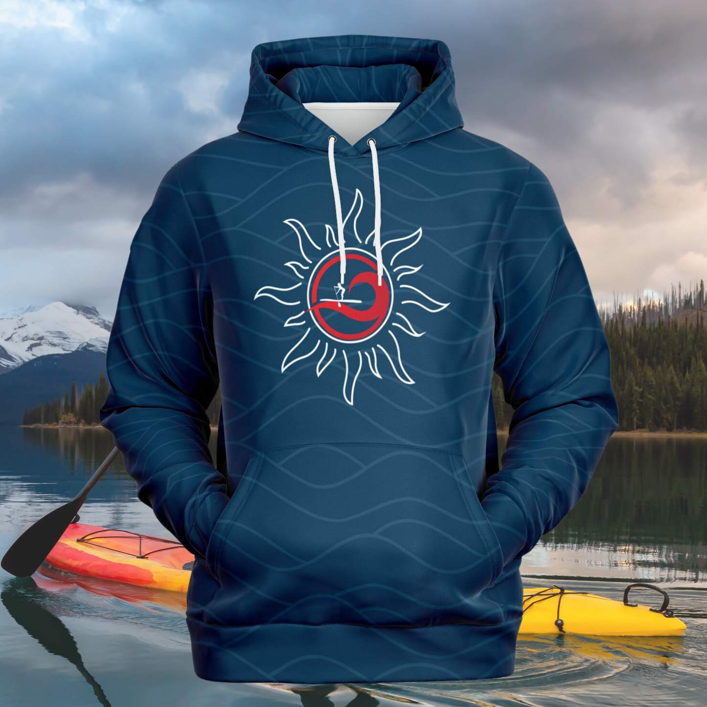Women's Navy Blue Fashion Hoodie with Red Wave&Sun Design