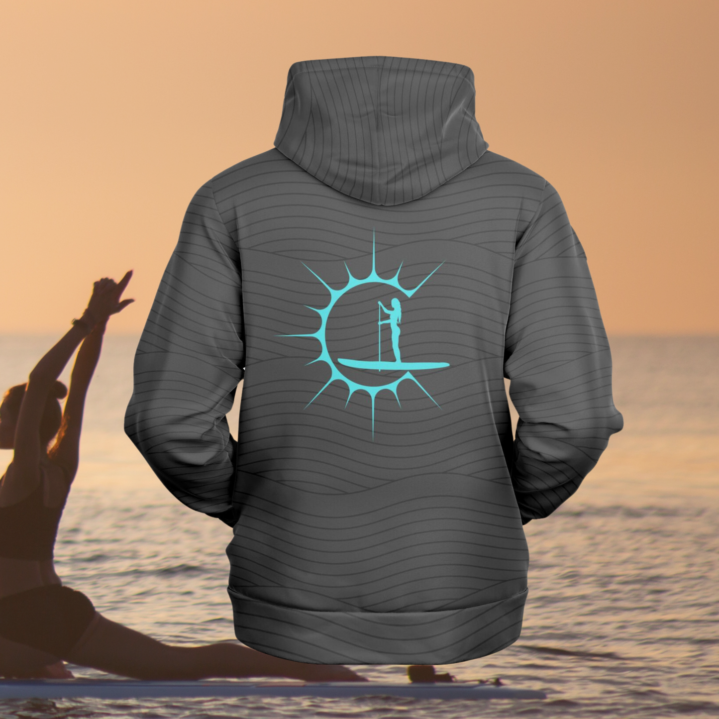 Women's Grey Athletic Hoodie with Turquoise Sun and Paddleboarder Design
