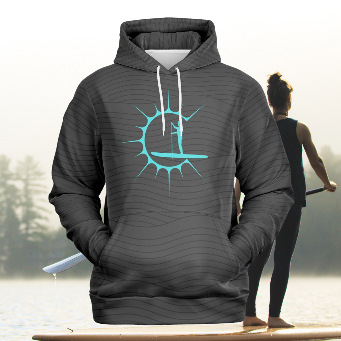 Women's Grey Athletic Hoodie with Turquoise Sun and Paddleboarder Design
