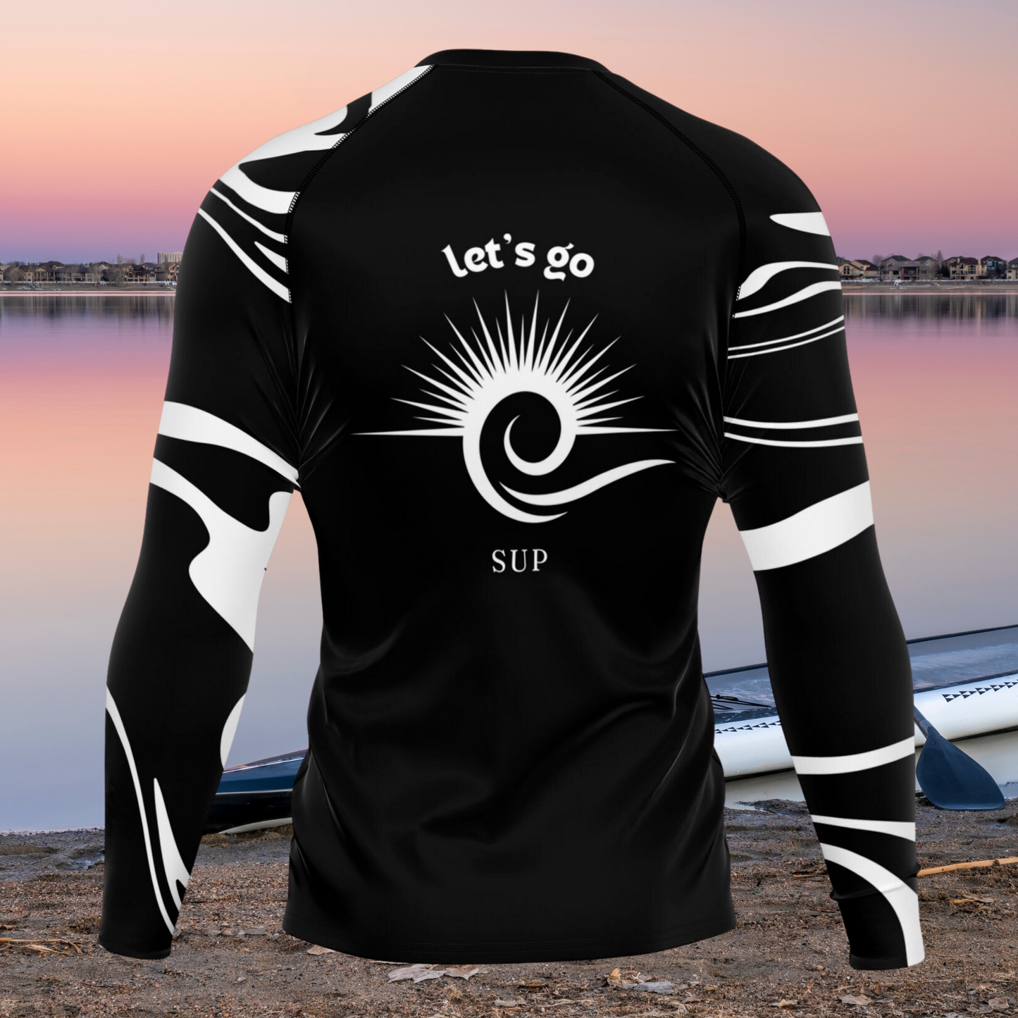 Men's Black and White Stylish Rashguard with Sun and Let's Go Sup Design