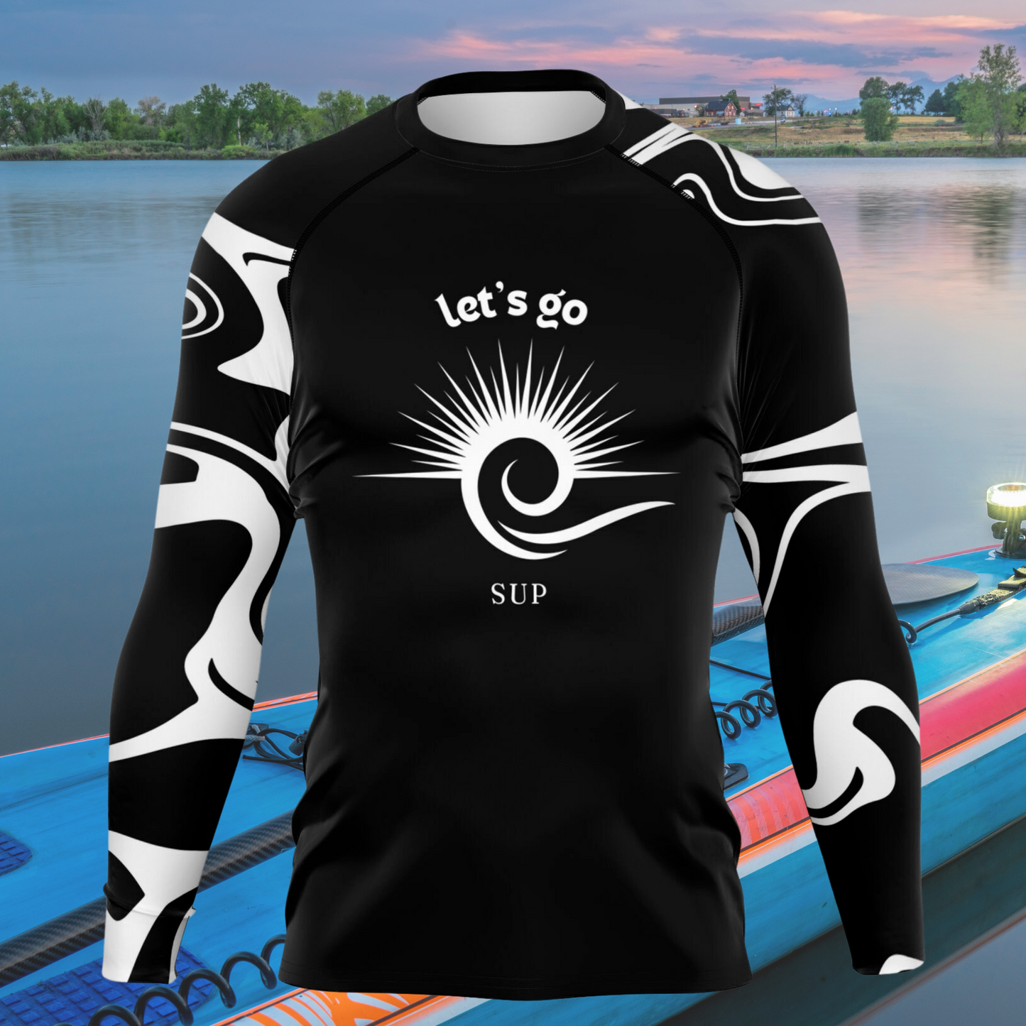 Men's Black and White Stylish Rashguard with Sun and Let's Go Sup Design