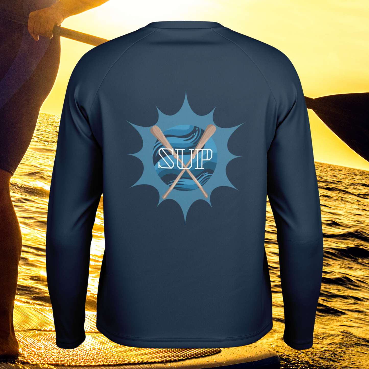 Men's Blue SUP and Sun Long Sleeve Performance Shirt with Paddles