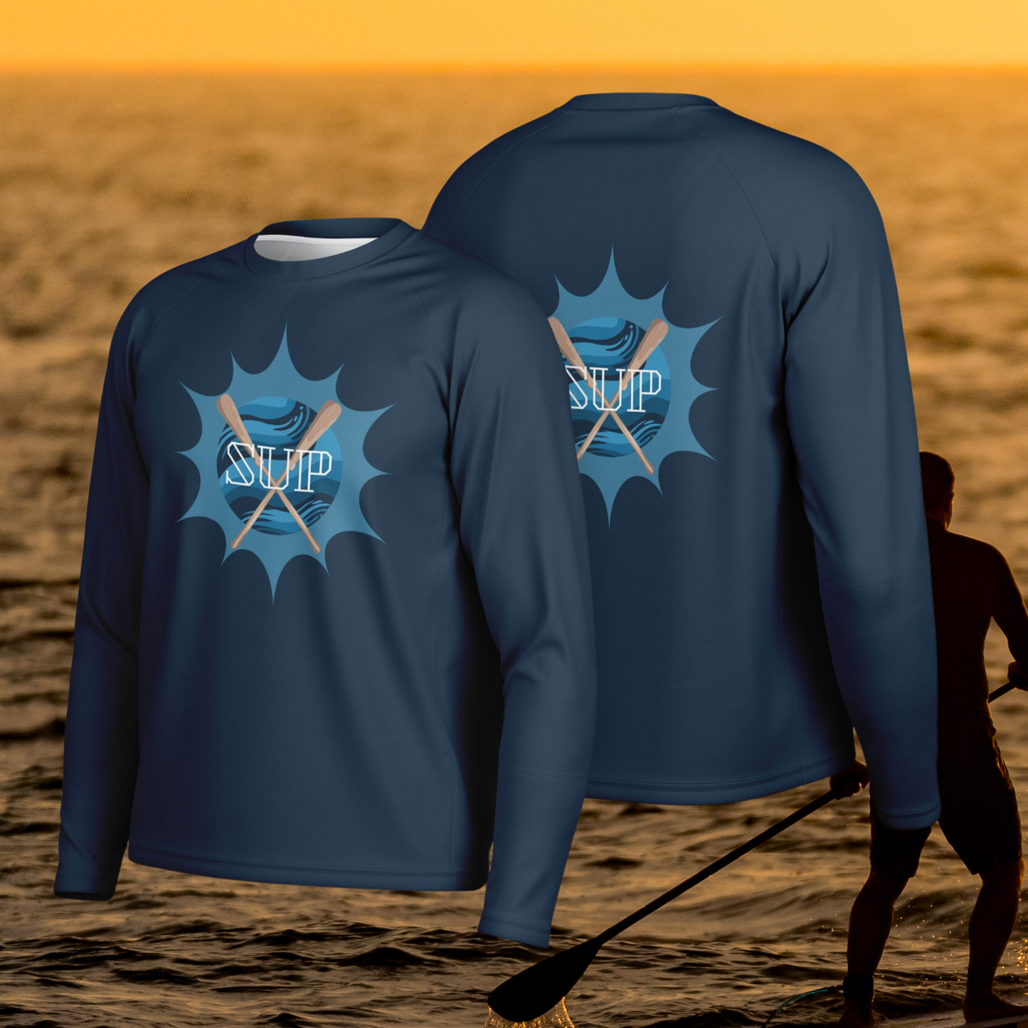 Men's Blue SUP and Sun Long Sleeve Performance Shirt with Paddles