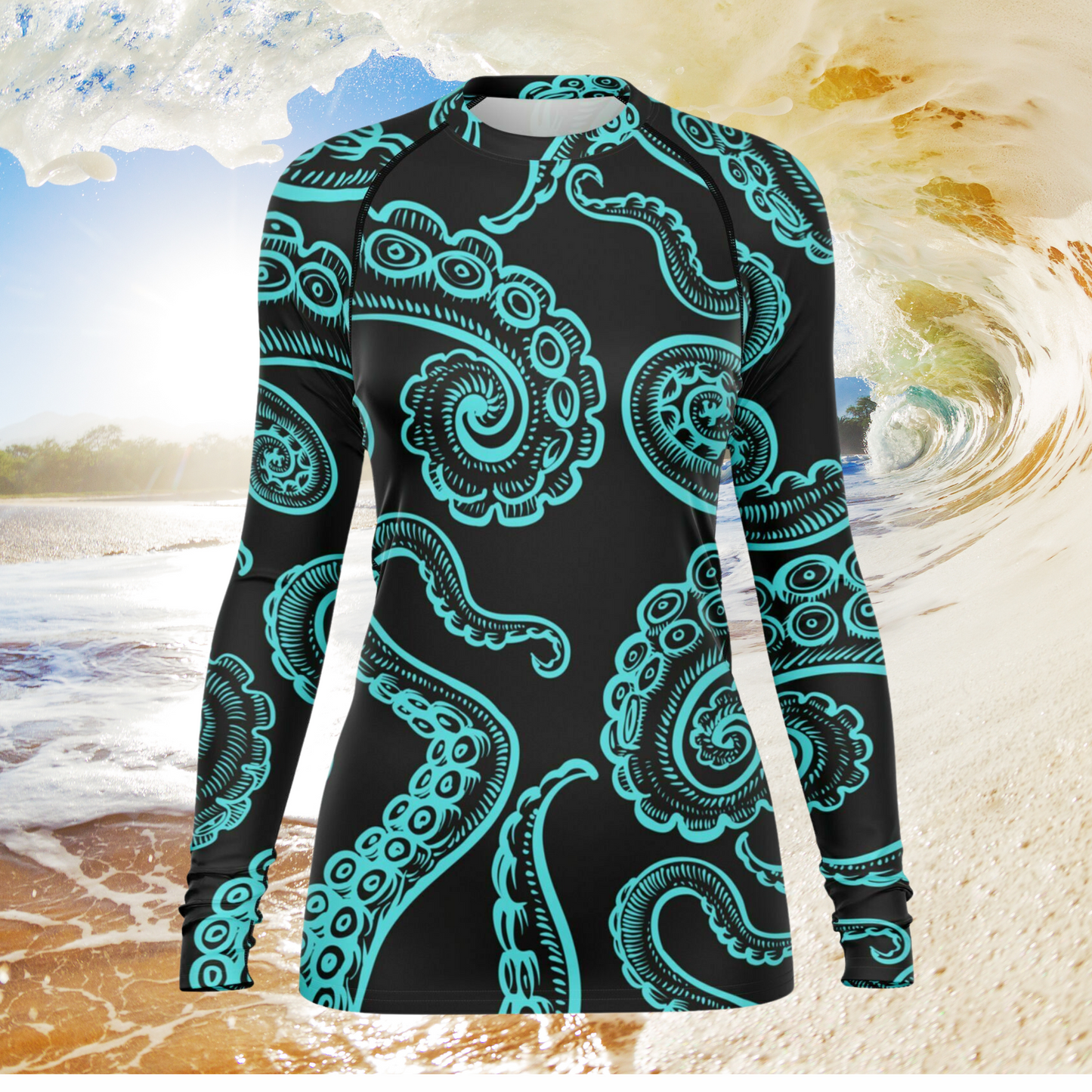 Women's Black and Teal Octopus Surf Shirt Long Sleeve Rashguard