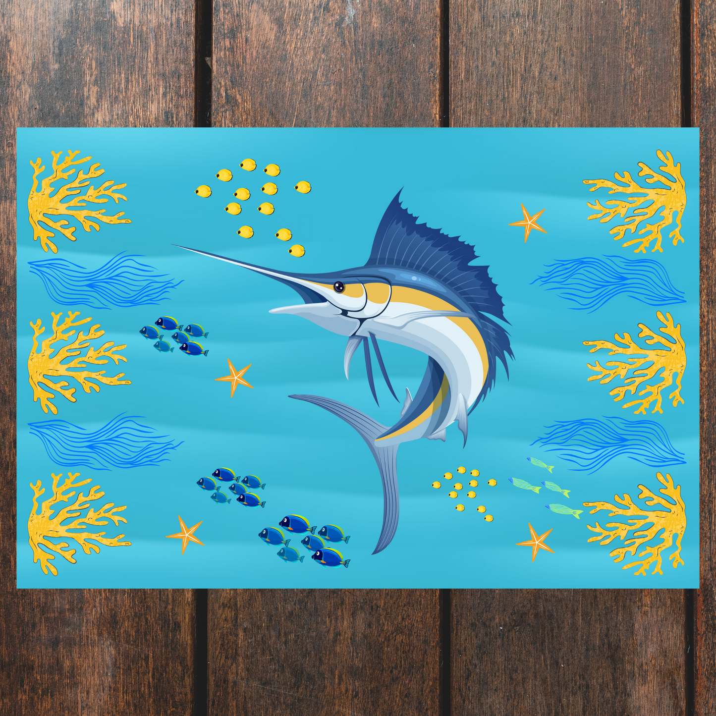 Large White Marlin Fish Surrounded by Coral Blue and Yellow Outdoor Rug