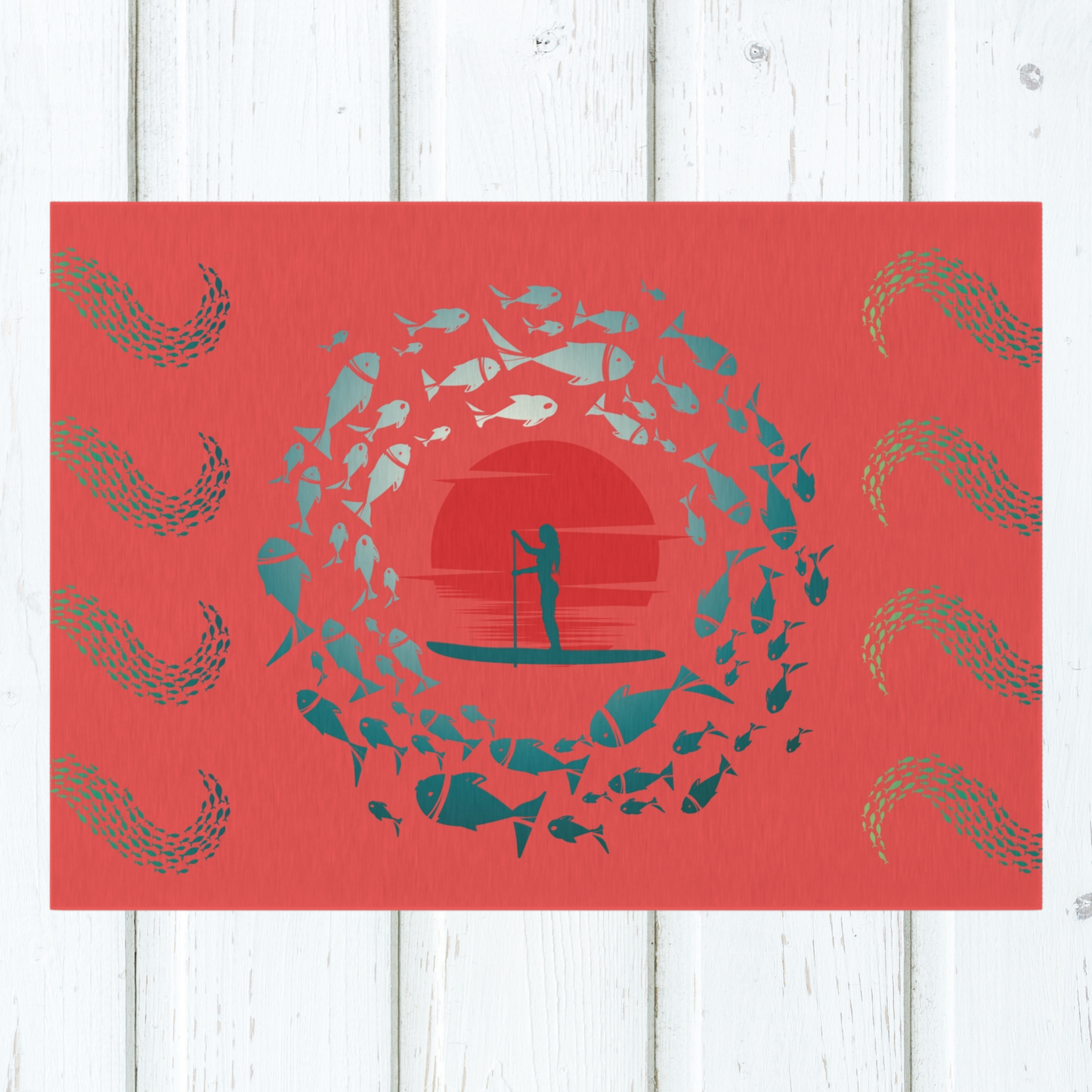 Vibrant Red and Blue Paddleboarder Surrounded by Fish Water Resistant Outdoor Rug