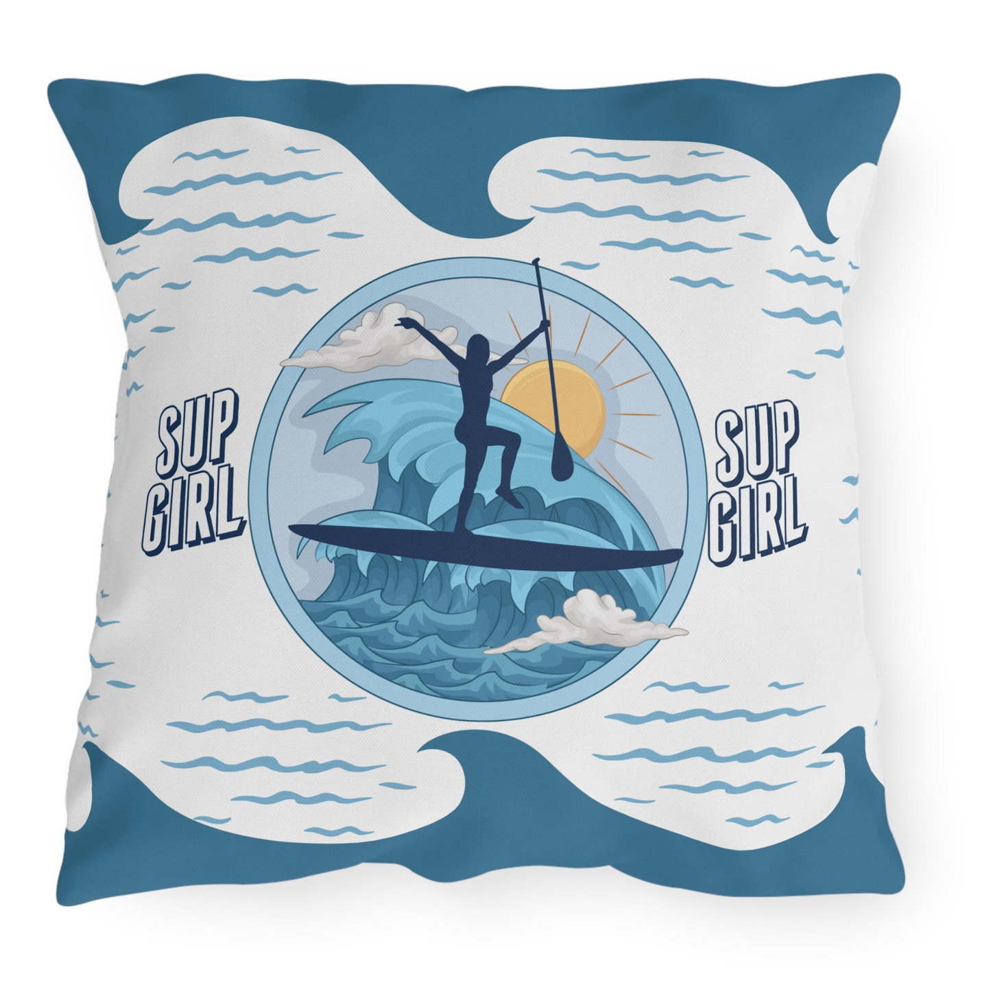 Blue Paddleboarder Girl on Board Water and Mildew Resistant Outdoor Pillows