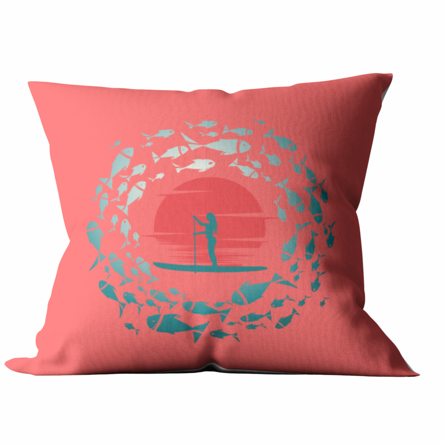 Vibrant Red and Blue Paddleboarder and Fish Outdoor Pillows