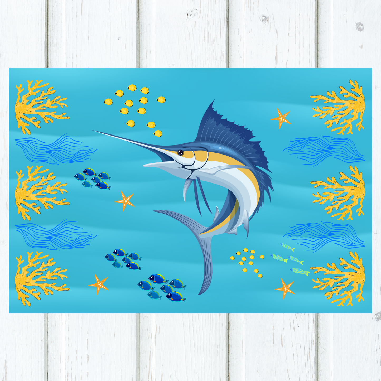 Large White Marlin Fish Surrounded by Coral Blue and Yellow Outdoor Rug