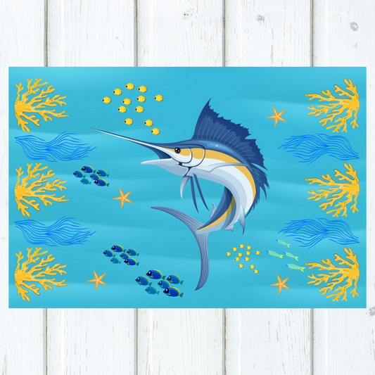 Large White Marlin Fish Surrounded by Coral Blue and Yellow Outdoor Rug