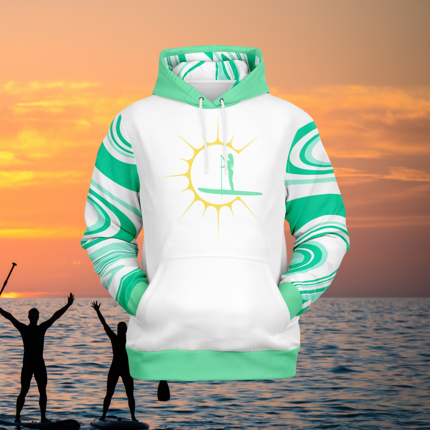 Women's Fun In The SunWhite and Green Athletic Hoodie With Paddleboarder