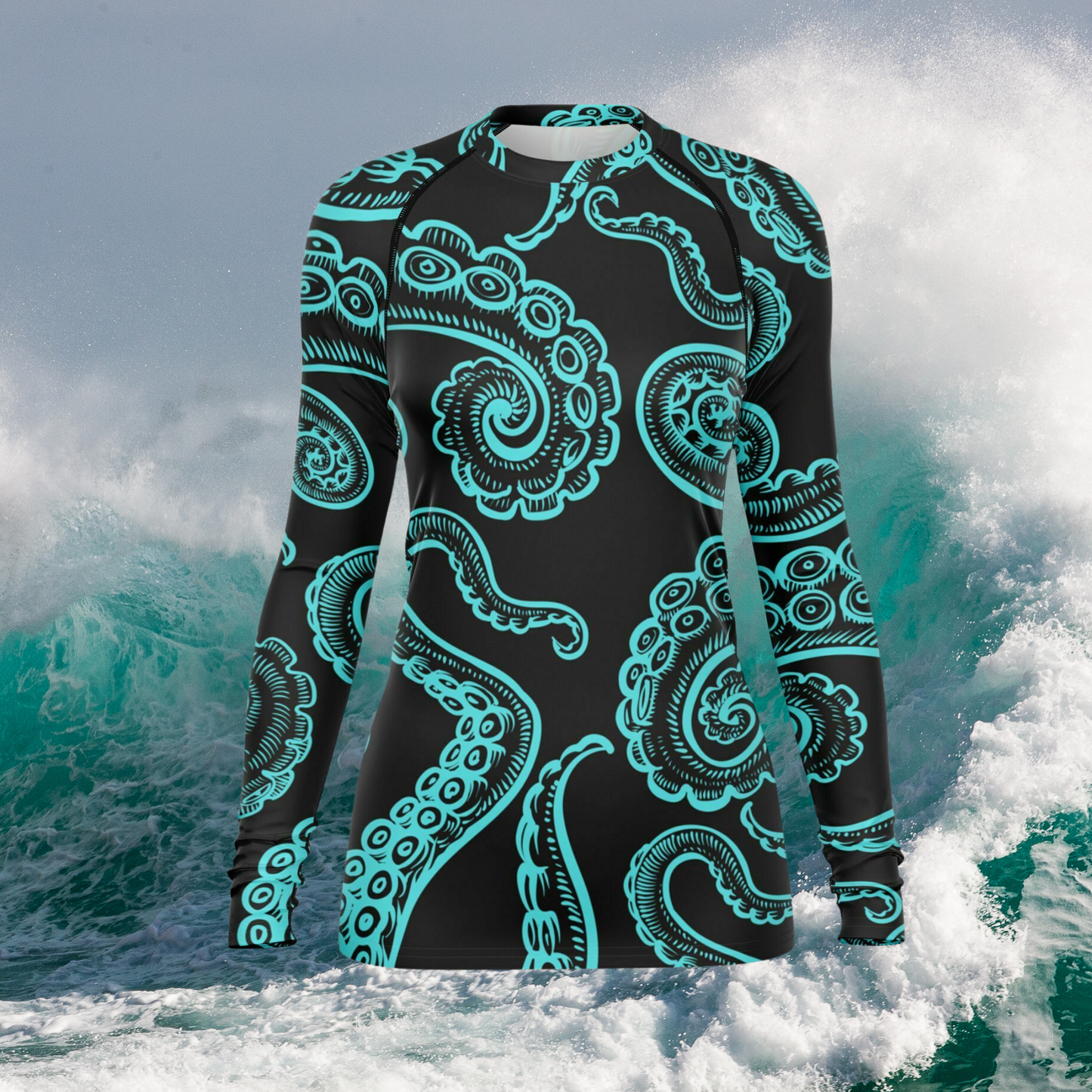 Women's Black and Teal Octopus Surf Shirt Long Sleeve Rashguard