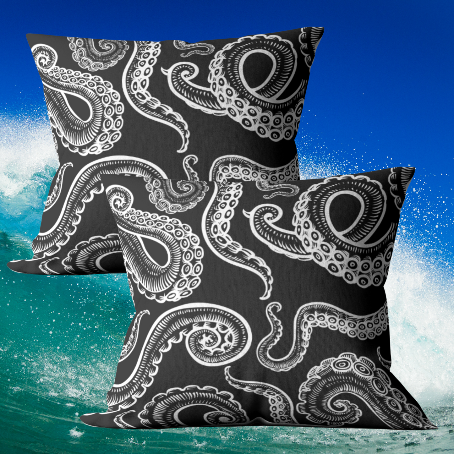 Modern Black and White Octopus Tentacles Design Water Resistant Outdoor Pillows