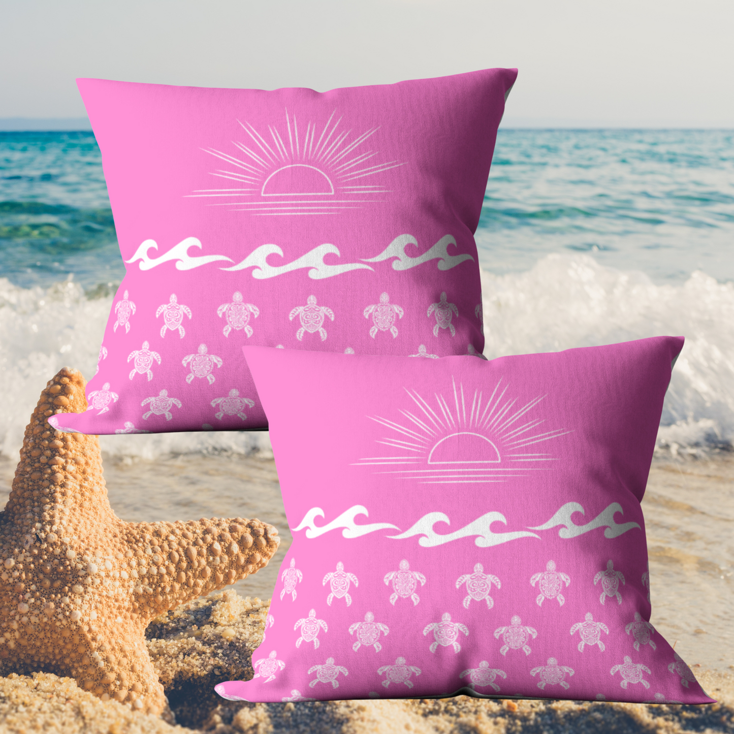 Cheerful and Beach Inspired Violet Turtles and Sun Water and Mildew Resistant Outdoor Pillows