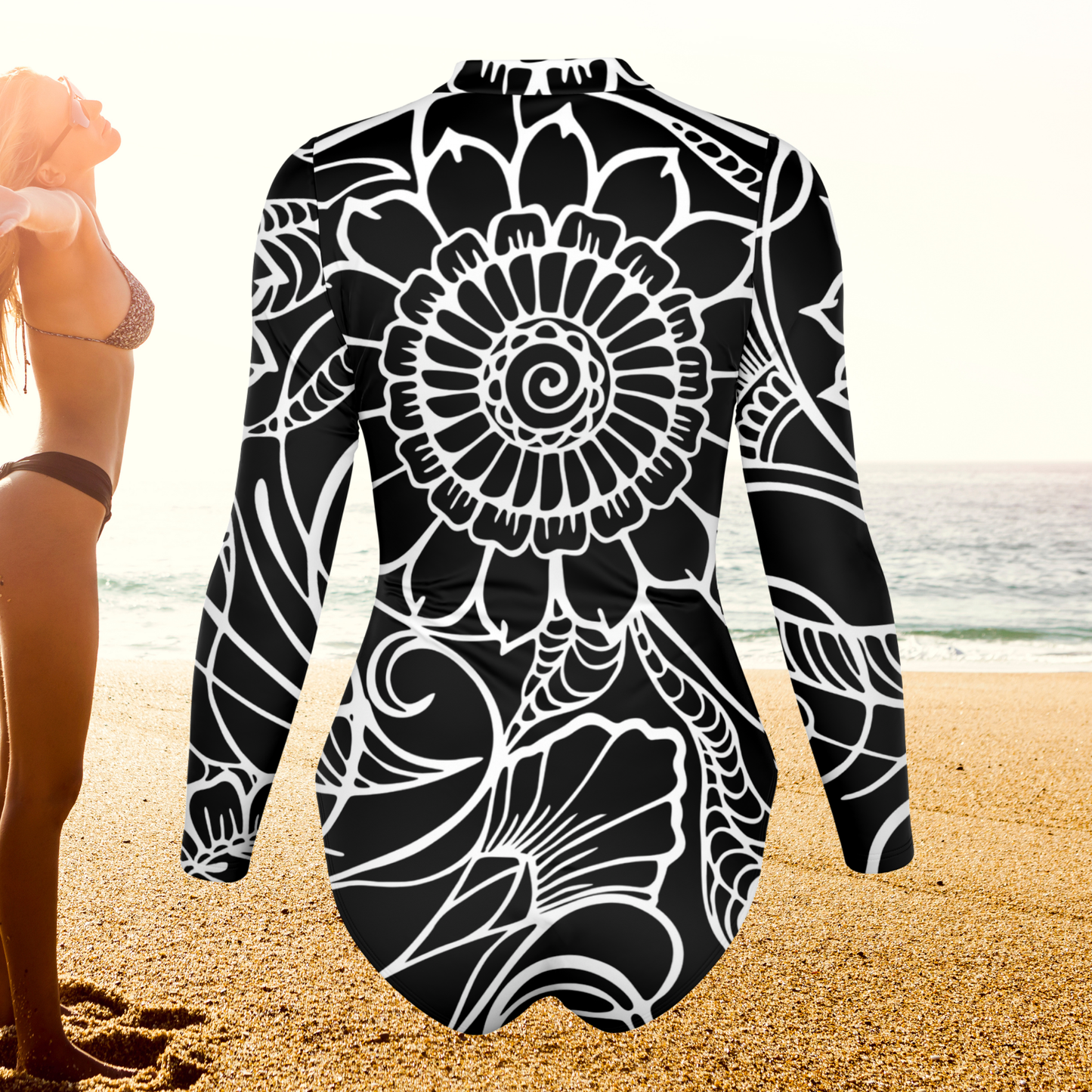 Women's Black & White Floral Long Sleeve Zip-Front One-Piece SUP Swimsuit