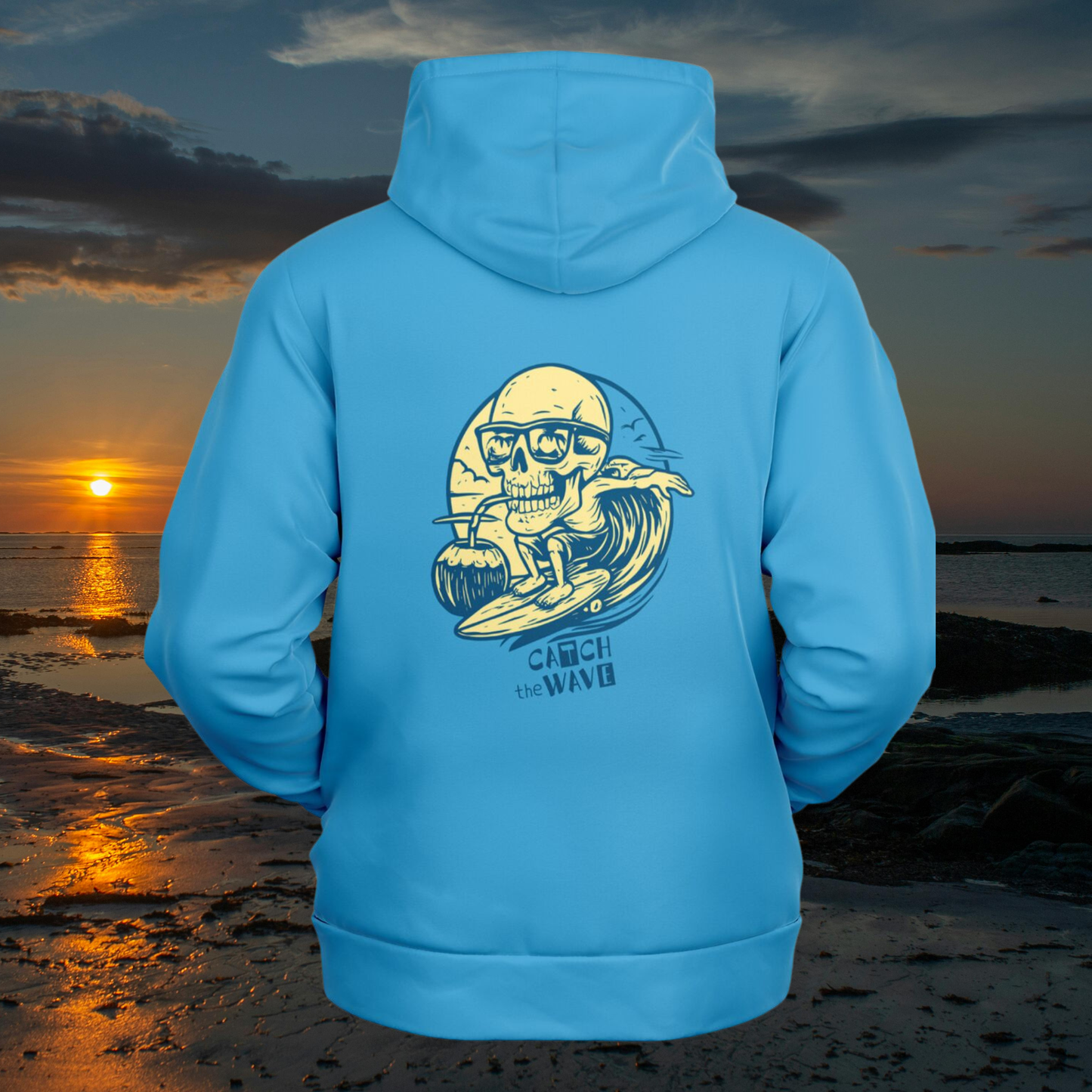 Men’s Athletic Surf & Paddleboarding Hoodie – Blue Surf “Catch the Wave” Design