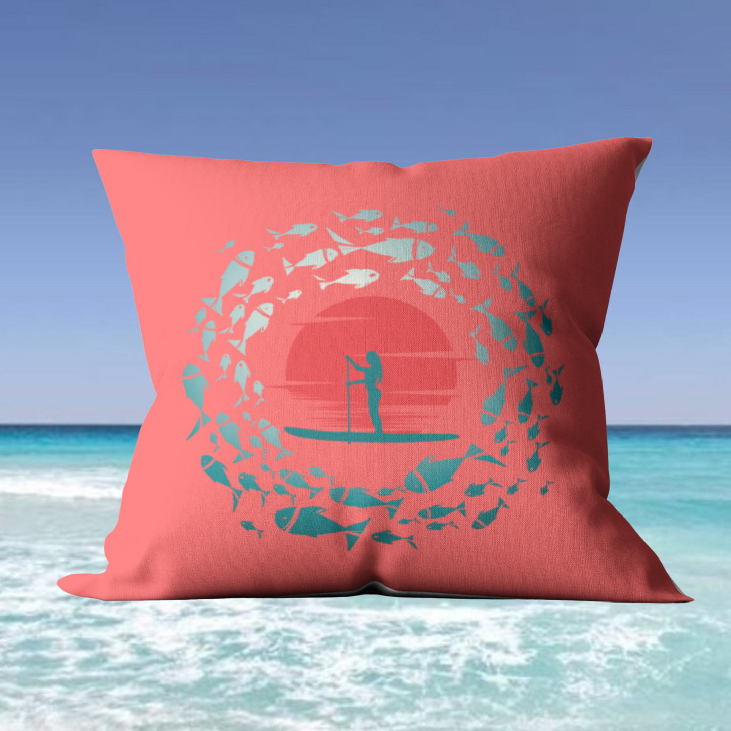 Vibrant Red and Blue Paddleboarder and Fish Outdoor Pillows