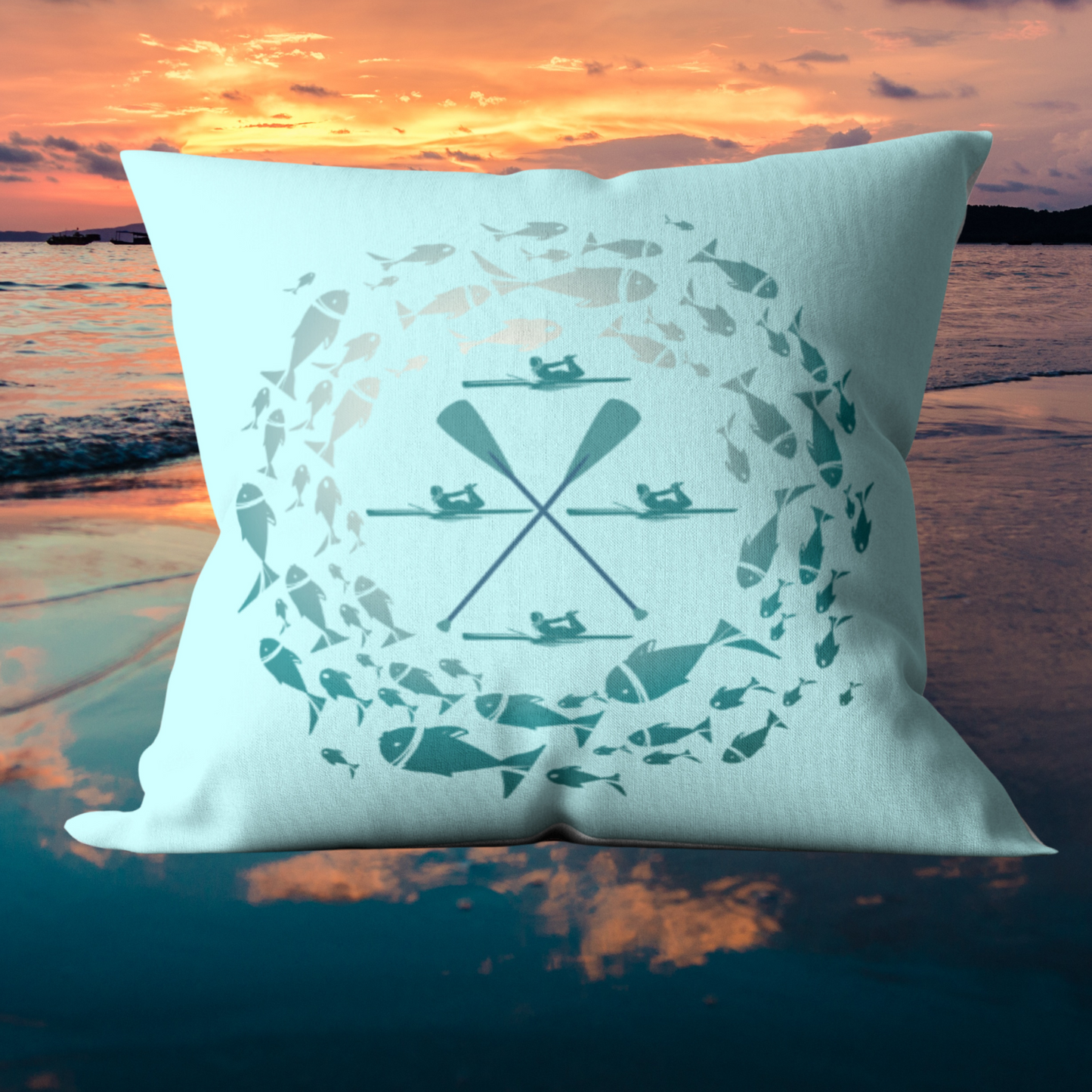 Pastel Blue Fish and Paddle Outdoor Pillows
