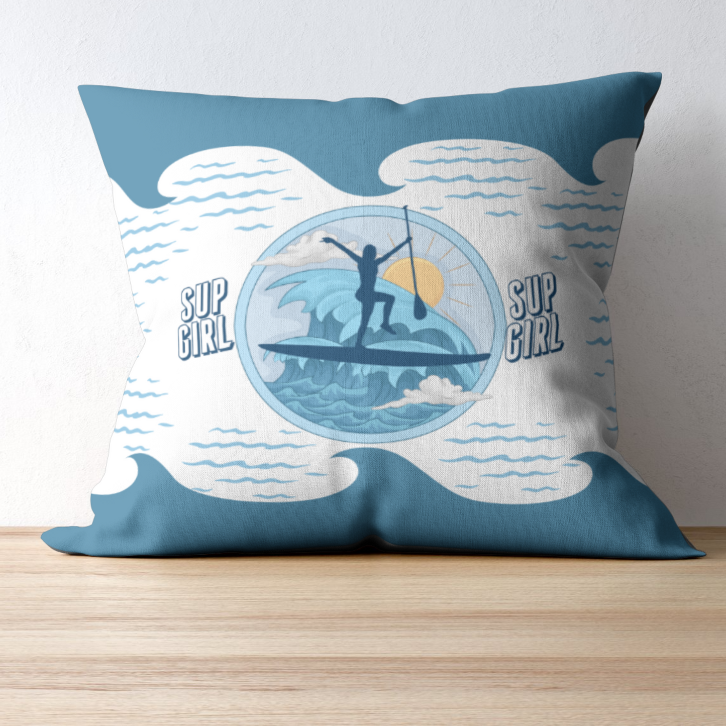 Blue Paddleboarder Girl on Board Water and Mildew Resistant Outdoor Pillows
