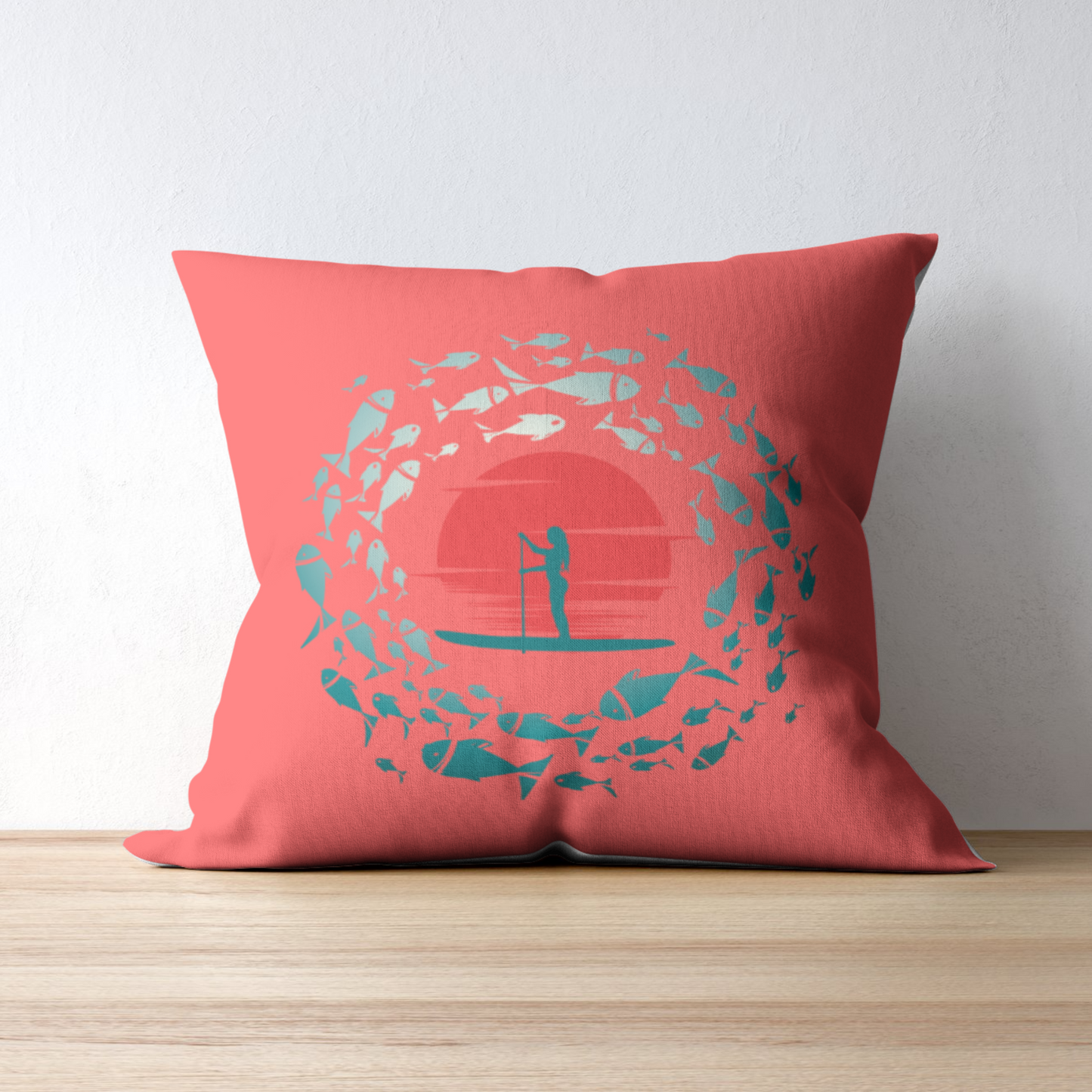 Vibrant Red and Blue Paddleboarder and Fish Outdoor Pillows