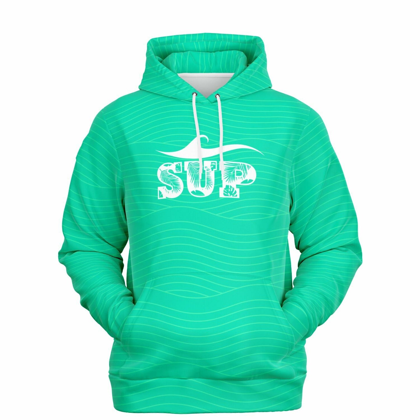 Trendy Women's Turquoise Fashion Hoodie with White Wave & SUP Vibes