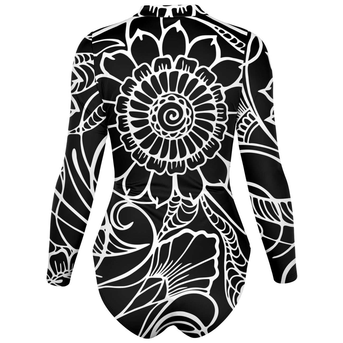 Black and White Women's Bodysuit Long Sleeve One Piece Swimwear