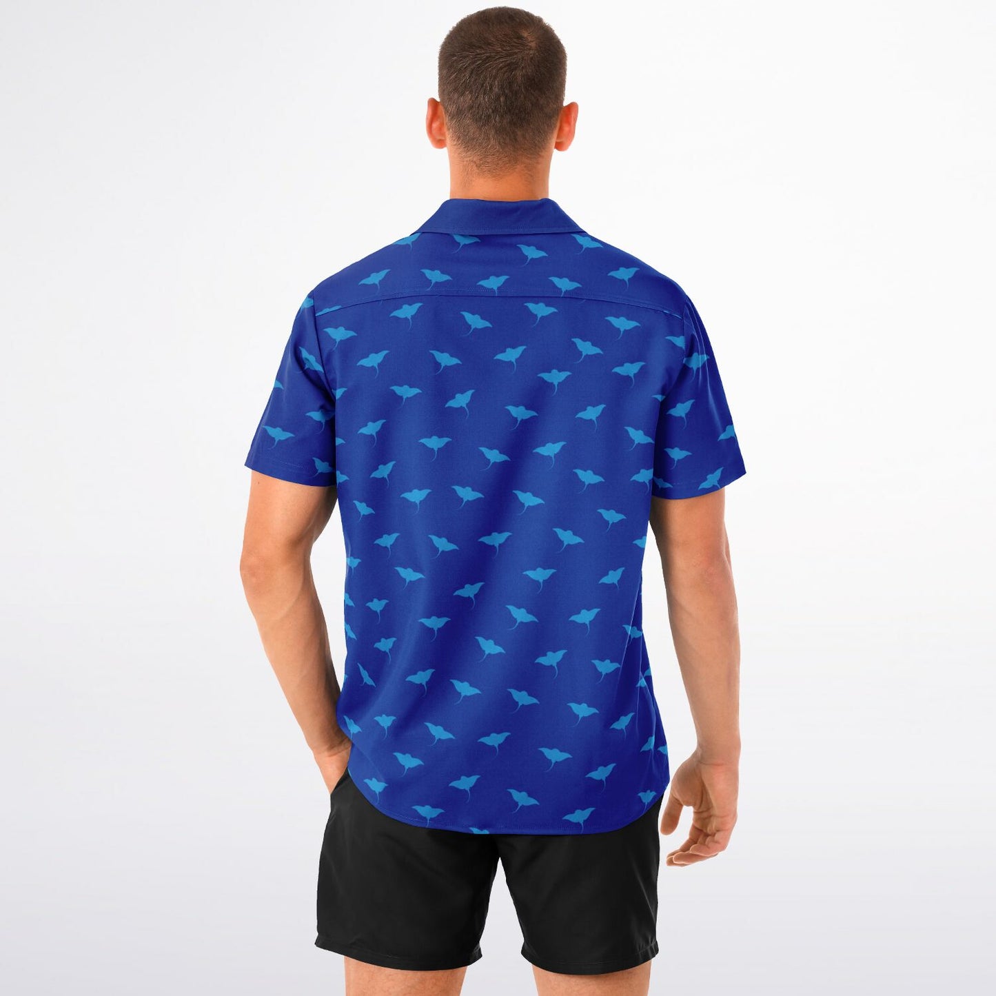 Men's Blue Stingray Pattern Short Sleeve Button-Down Shirt | Coastal Beach Shirt