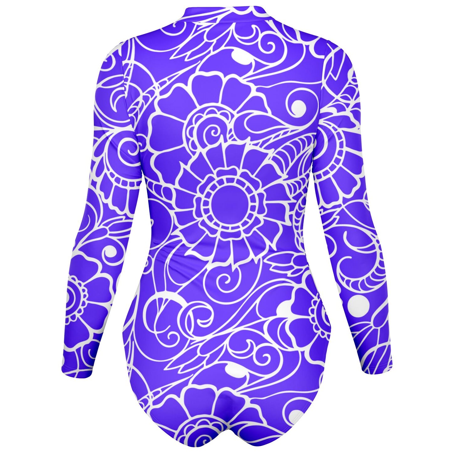 Women's White and Purple Abstract Design Bodysuit Long Sleeve One Piece Swimwear