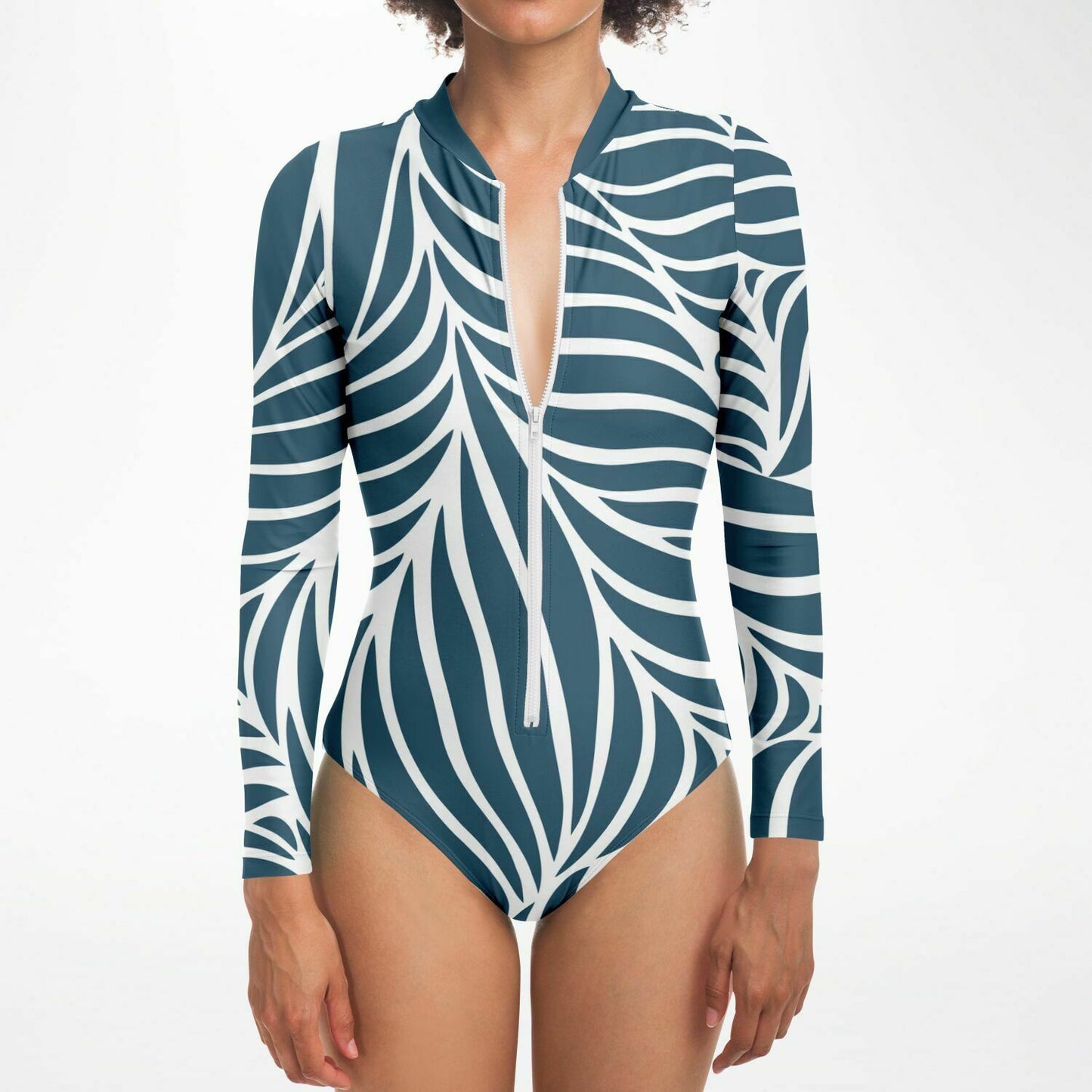 Women's White Dark Teal Abstract Waves Bodysuit Long Sleeve One Piece Swimwear