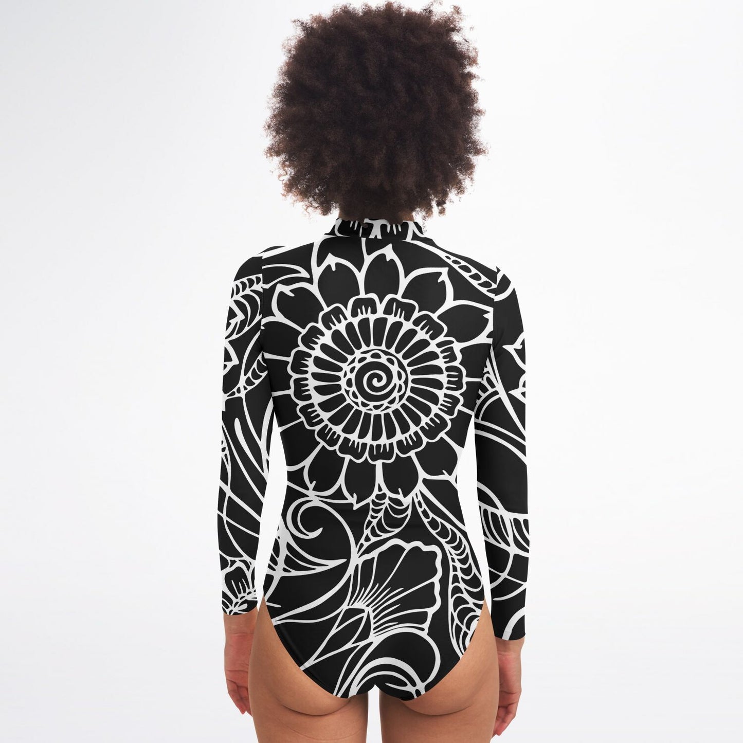 Black and White Women's Bodysuit Long Sleeve One Piece Swimwear