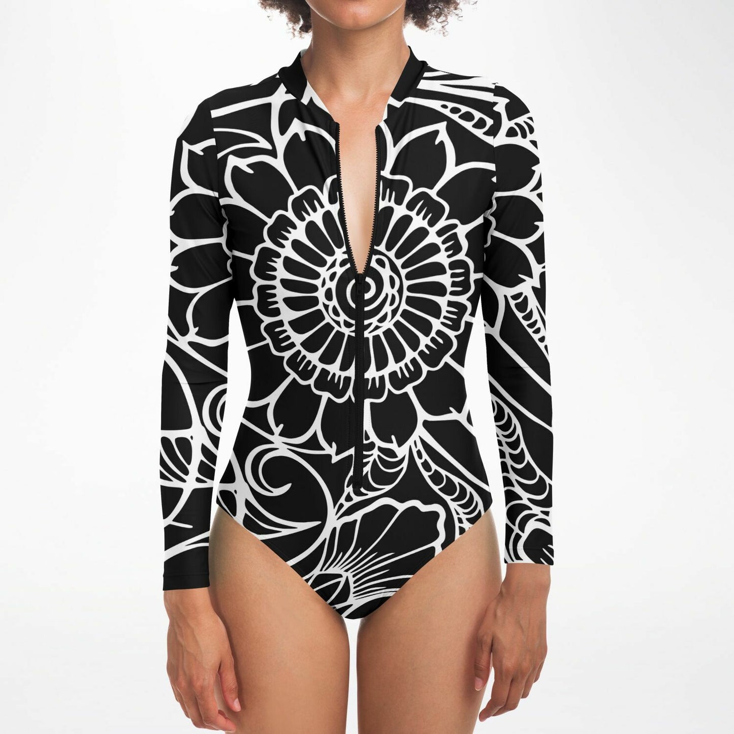 Woman's Black and White Flower Print Bodysuit