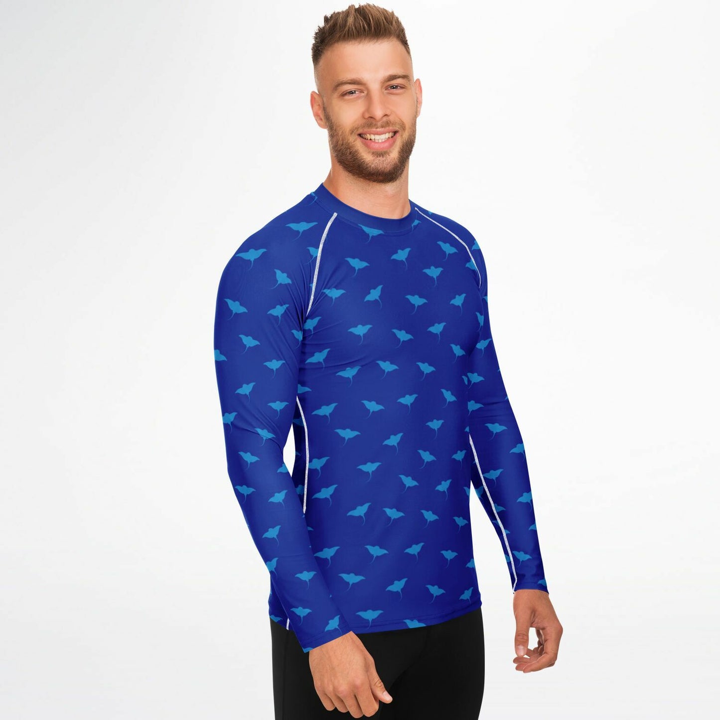 Men's Ocean Blue Stingray Pattern Long Sleeve Rashguard