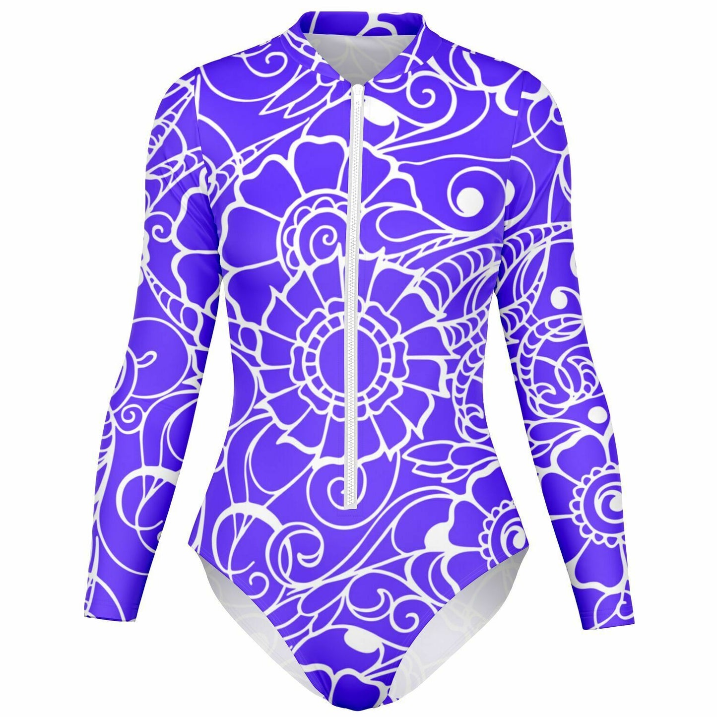 Women's White and Purple Abstract Design Bodysuit Long Sleeve One Piece Swimwear